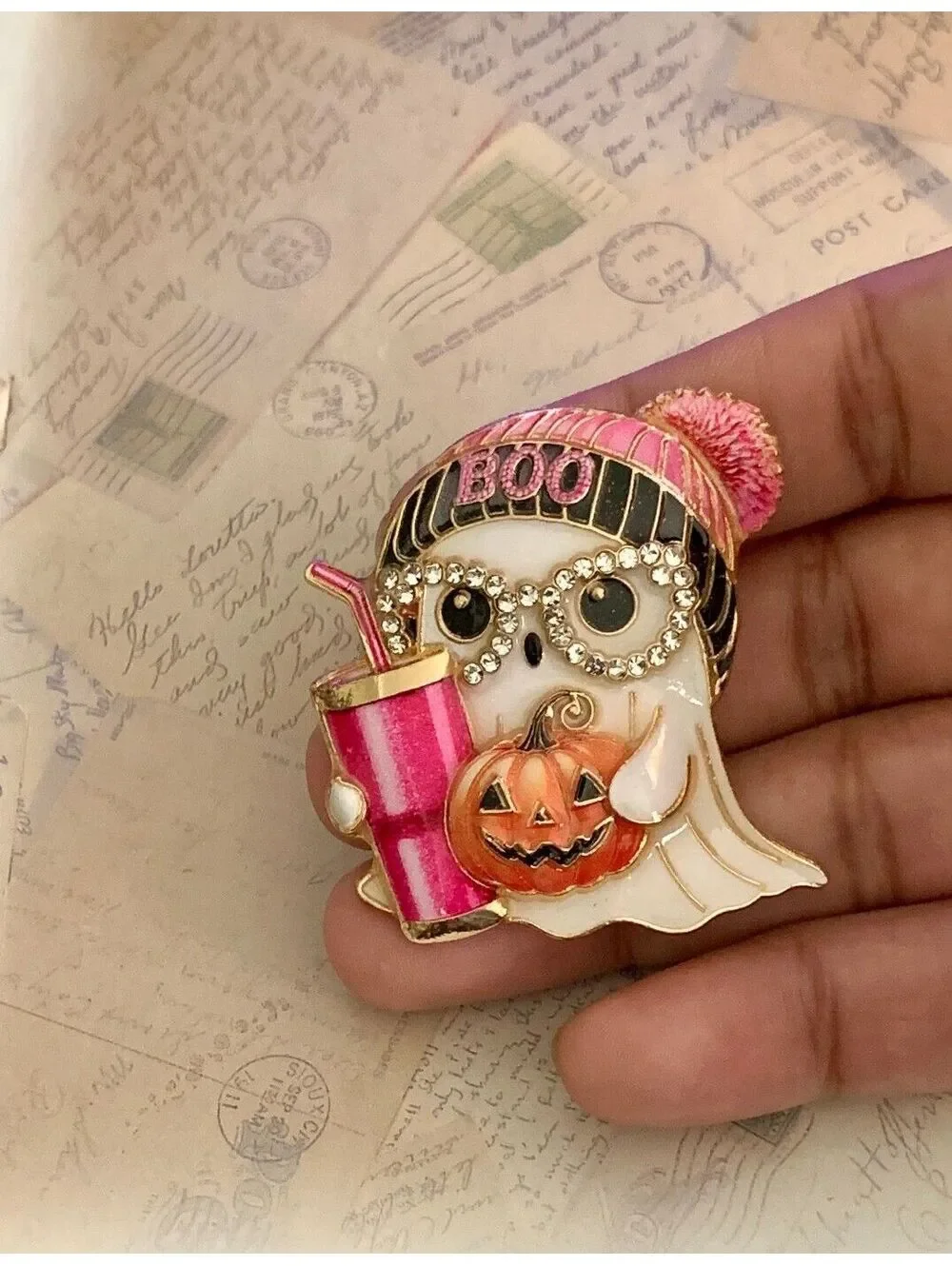 Cute Halloween Ghost Brooch with Pumpkin & Pink 'Boo' Beanie Hat Brooch